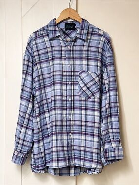 Nokwal Streetwear Plaid Button Front Shirt Purple Blue XL